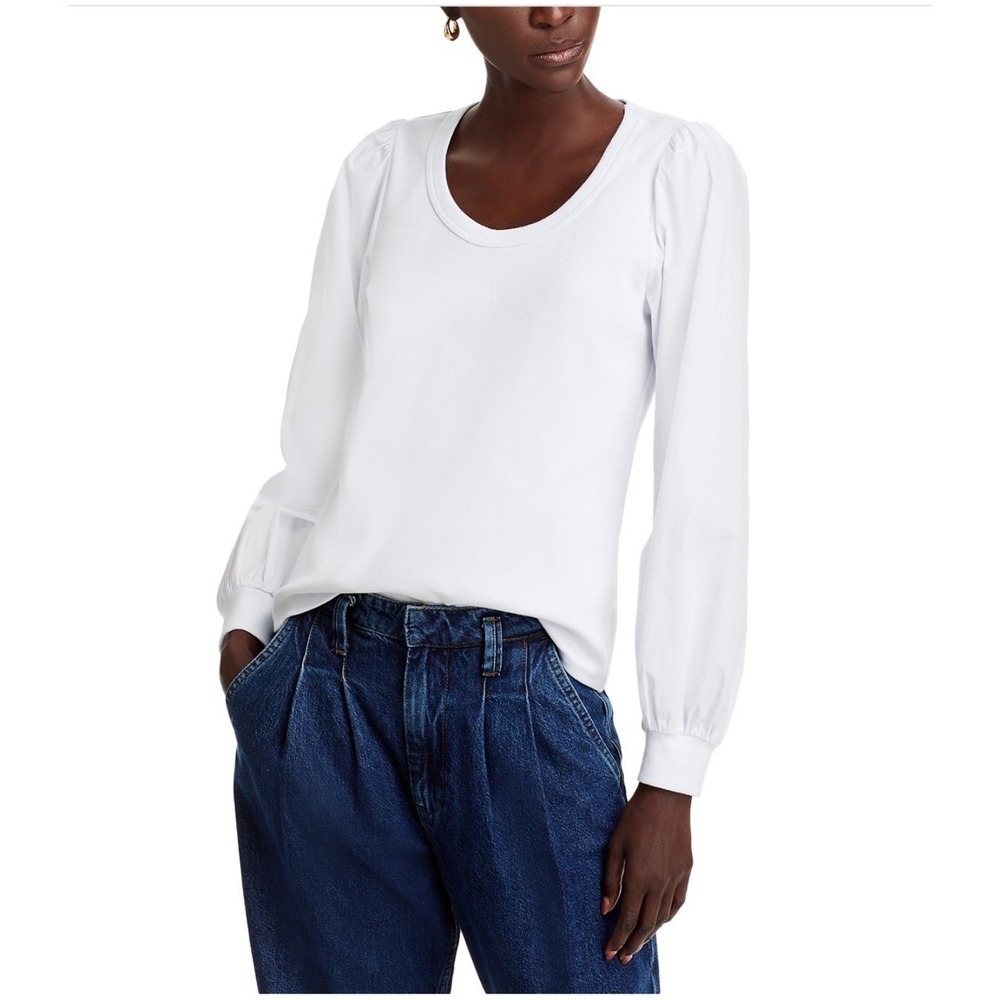 SINGLE THREAD‎ White Scoop Neck Puff Sleeve Ribbed Knit Top Size Small